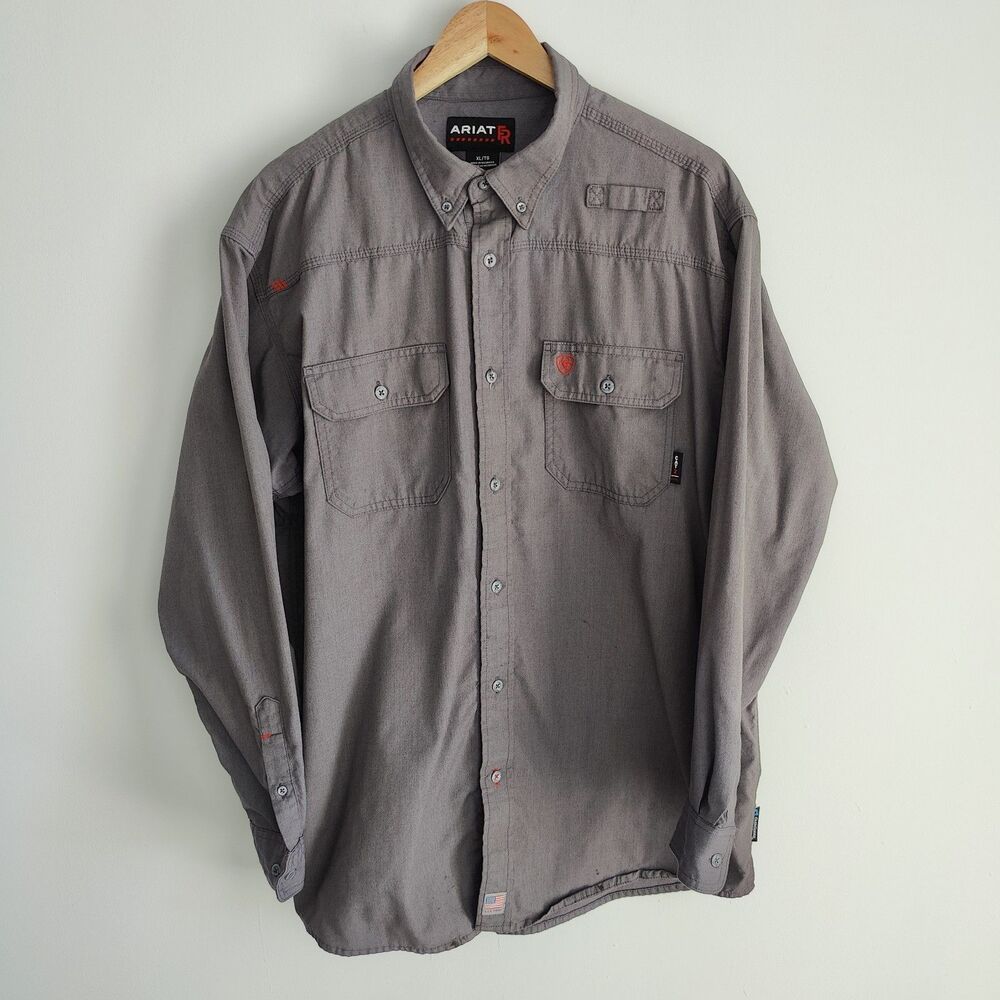 Ariat FR CAT 2 Mens XL Workwear Shirt Long Sleeve Button Gunmetal Gray